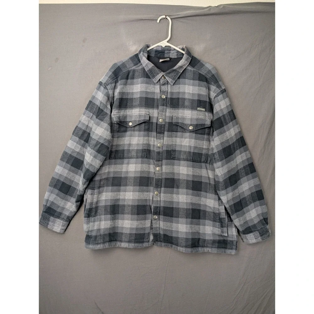 Columbia Mens Plaid Fleece Lined Flannel Shirt Jacket Gray XXL